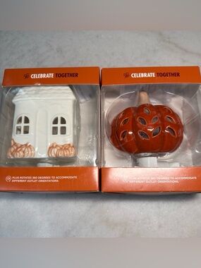 (2) Ceramic Fall Night Light Pumpkin House Lighted Plug In Decor Decorative New